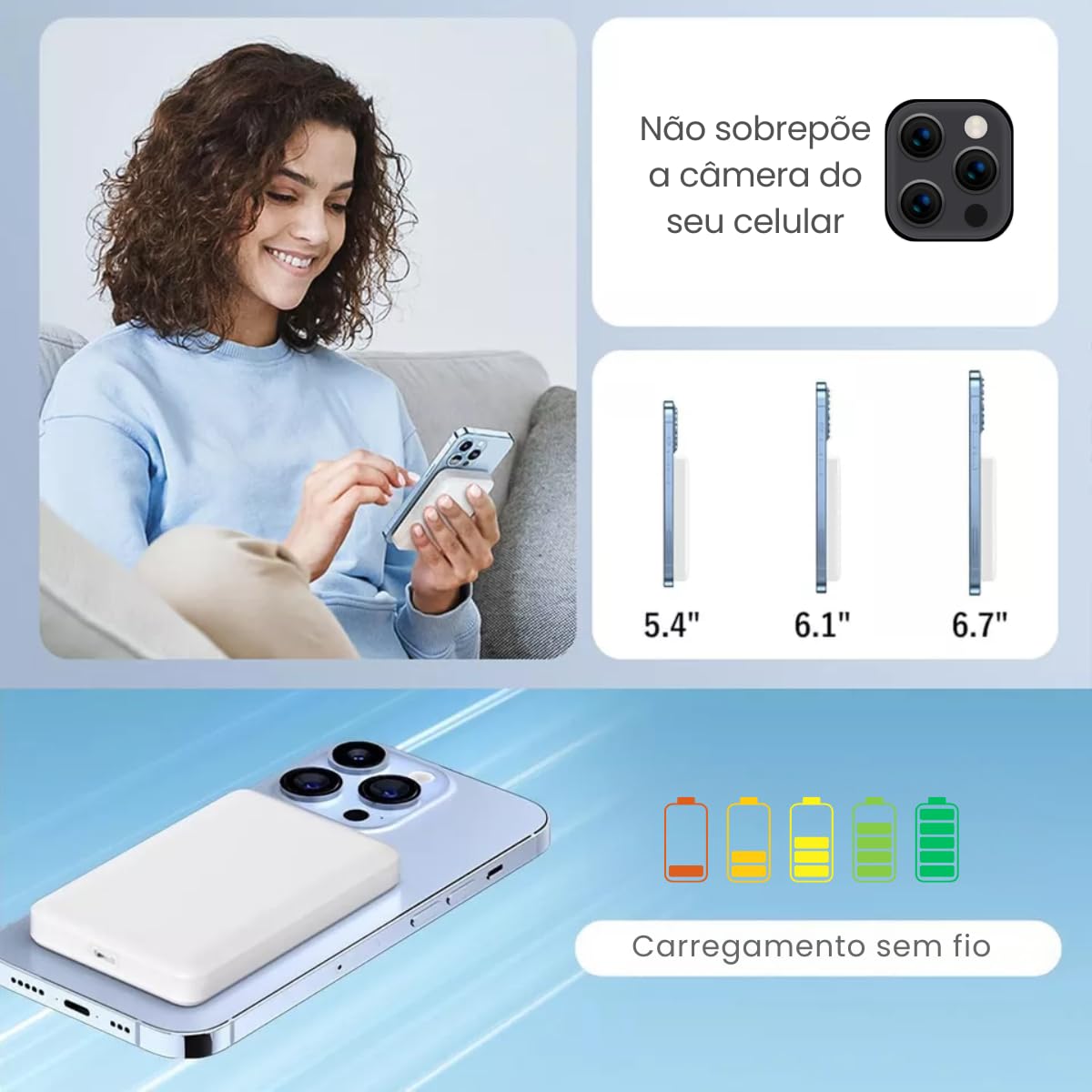 Power Bank 5000mAh Sem Fio Magnético Turbo com Carga Rápida